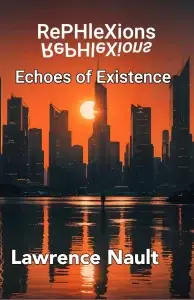 Book cover of RePHleXions: Echoes of Existence - depicting the contrast between digital and analog worlds through a figure caught between virtual reality and authentic human connection